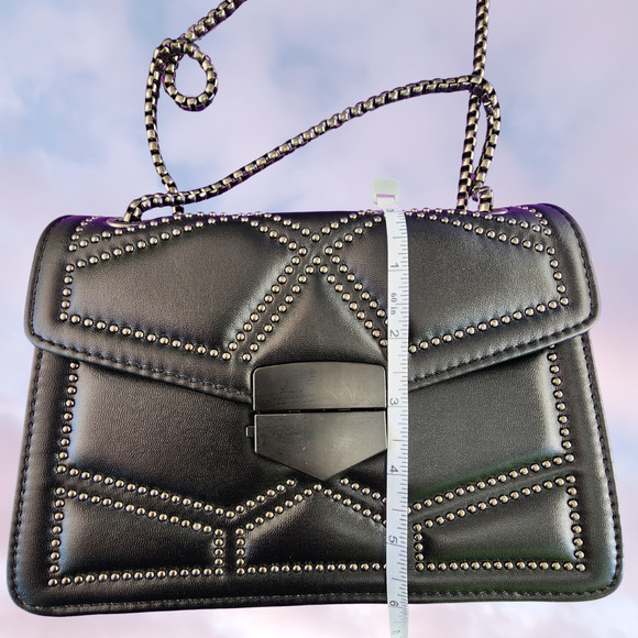 Black Sleek Faux Leather Studded Goth Punk Clutch Purse Chain Strap - Picture 7 of 9